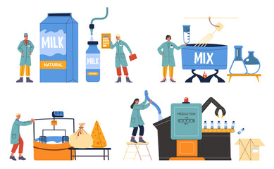 Dairy production industry. Milk processing scenes. Cheese factory. Bottled beverage conveyor. Mixed and packed machinery. Pasteurized drink. Modern technology. Vector food manufacturing set