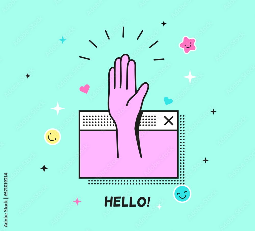 Poster hello retro poster. vintage computer web window with hand in greeting gesture. digital 80s 90s style