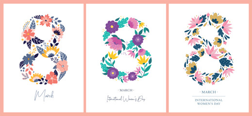 Set of 3 cards, posters, prints for international women’s day decorated with flowers, leaves and quotes. Good for invitations, sublimation, banners, etc. EPS 10