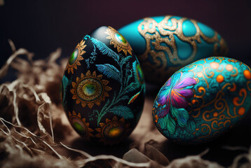 3 beautifully painted easter eggs on the ground, beautiful composition for easter background, turquoise gold and blue, generative ai