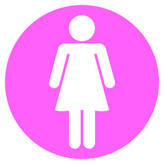 Female icon. Girl WC symbol. Lady toilet sign. Woman user avatar. Flat icon in pink circle isolated on white background. Vector element