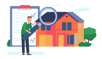 Home audit. House quality inspection. Apartment documentation. Property examine. Real estate assessment. Architecture control. Man with magnifier and paper document. Vector concept
