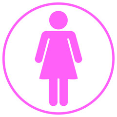 Pink female icon. Girl WC symbol. Lady toilet sign. Woman user avatar. Flat icon in circle isolated on white background. Vector element