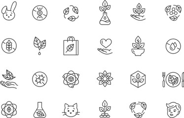 Eco icons collection. No gluten, children safe, no tested animal signs. Marks for food, clothes, plastic, toys, kitchen tools and cosmetics. Fresh organic vector symbols