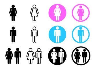 Set of Icons toilet. Restroom sign. Male and female bathroom sign in black circle. Black abstract symbols of man and women in flat style isolated on white background. Vector illustration.
