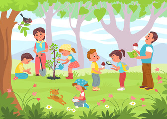 Kids study nature with teacher. Mentors and young naturalists learn plants. Insects or fungi. Outdoor biology lesson. School education. Scout boys and girls. Splendid vector concept