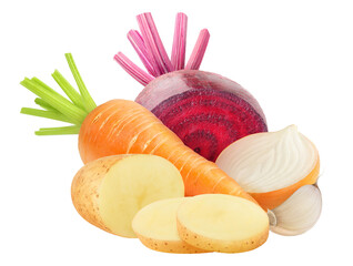 Cut raw vegetables (potato, carrot, beetroot, onion and garlic) cut out