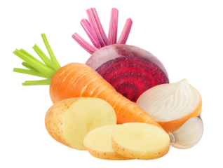 Cut raw vegetables (potato, carrot, beetroot, onion and garlic) cut out