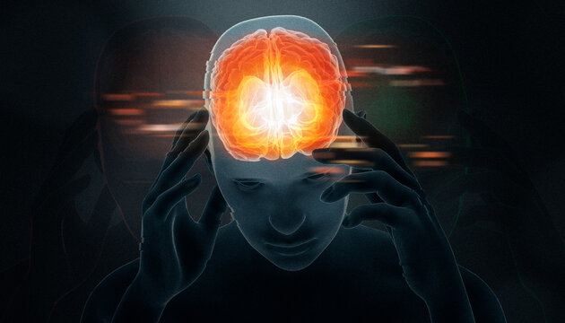 Man suffering from brain pain, headache or mental health disorder 3D rendering illustration. Psychiatry, psychology, mindfulness, adhd or focus issues or attention deficit, neurology concepts.