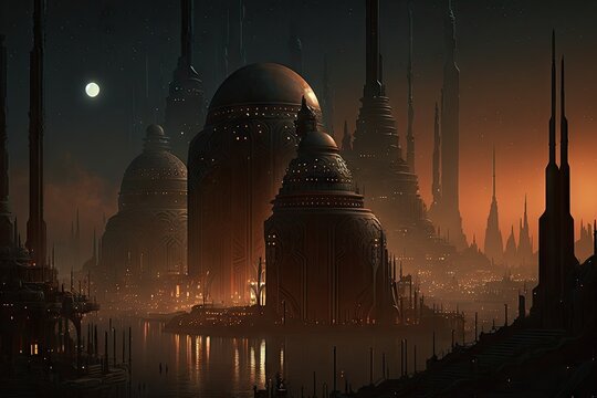 Coruscant city at night. Big moon and beautiful story