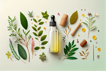 Bottle with natural organic essential oil made of herbs and citrus. Complementary medicine. Concept set of Aromatherapy, harmony, balance and meditation, spa, relax, beauty spa treatment.