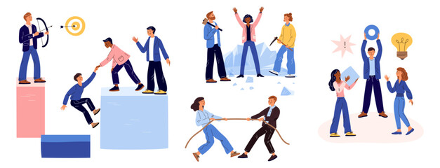 Team building office games. Icebreaker activity with employees. Tug-of-war and archery. Business playing. People in strict suits perform tasks. Workers collaboration. Garish vector set
