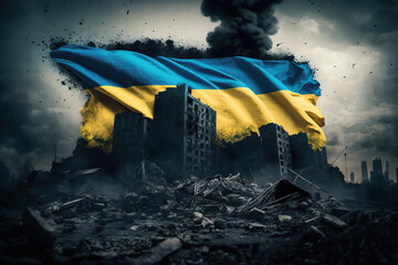 Ruined Ukrainian City Against Ukraine Flag Created with Generative AI Technology