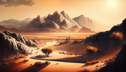 Fototapeta na wymiar A desert landscape with san dunes, distant mountains, and a beautiful sunset, ai generated
