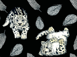 Fototapeta premium Pattern. Watercolor wild forest animals: snow leopard in feathers. Nature illustration for kids design.