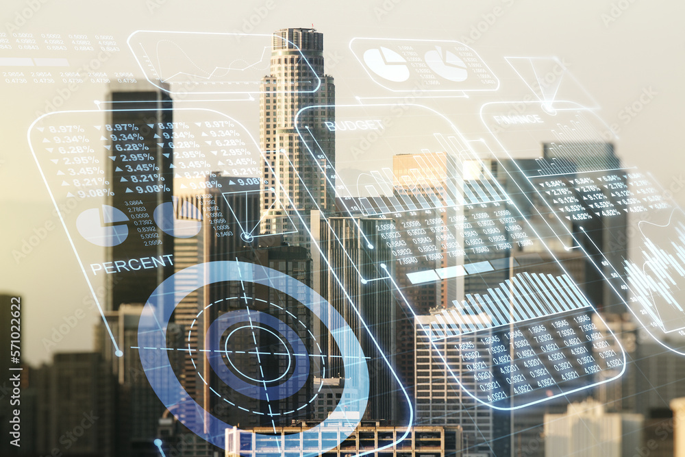 Poster multi exposure of abstract virtual graphic data spreadsheet sketch on los angeles cityscape backgrou