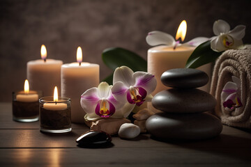 Obraz na płótnie Canvas Spa, beauty treatment and wellness background with massage stone, orchid flowers, towels and burning candles Generative AI
