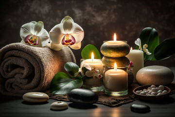 Fototapeta na wymiar Spa, beauty treatment and wellness background with massage stone, orchid flowers, towels and burning candles Generative AI