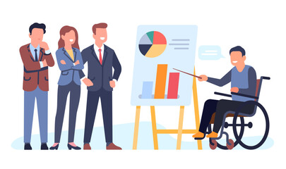 Guy in wheelchair presents infographic on flipchart. Business presentation. Inclusion in office work. Handicapped person showing with pointer to diagram on whiteboard. Vector concept - obrazy, fototapety, plakaty