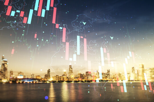 Double exposure of abstract virtual global crisis chart and world map hologram on Chicago city skyscrapers background. Financial crisis and recession concept