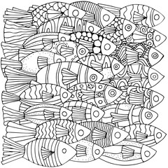 Underwater Pattern with black and white tropical fish. Exotic fish. Coloring book page for adult. Monochrome