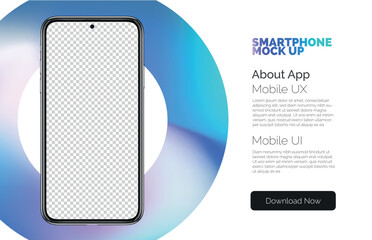 Bright smart phone mockup on colorful background. Illustration of smartphone 3d screen. Realistic smartphone front view vector template in the gradient circle. 3d cell phone with blank screen