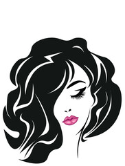 Заголовок	
Beautiful sexy woman face, curly black hair style, fashion hairdresser, element design, spa salon. Beauty Logo. Vector illustratio