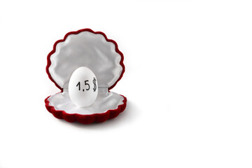 White chicken egg with $1.5 price tag in velvet jewelry case on white background. Copy space.