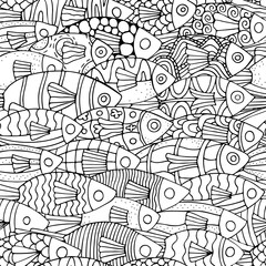 Seamless Underwater Pattern with black and white tropical fish. Exotic fish. Coloring book page for adult. Monochrome