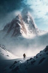 Dramatic mountain landscape with clouds, cold temperature, hikers