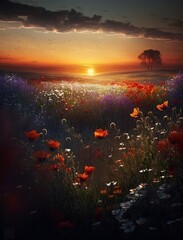 Field of flowers in spring at sunset.