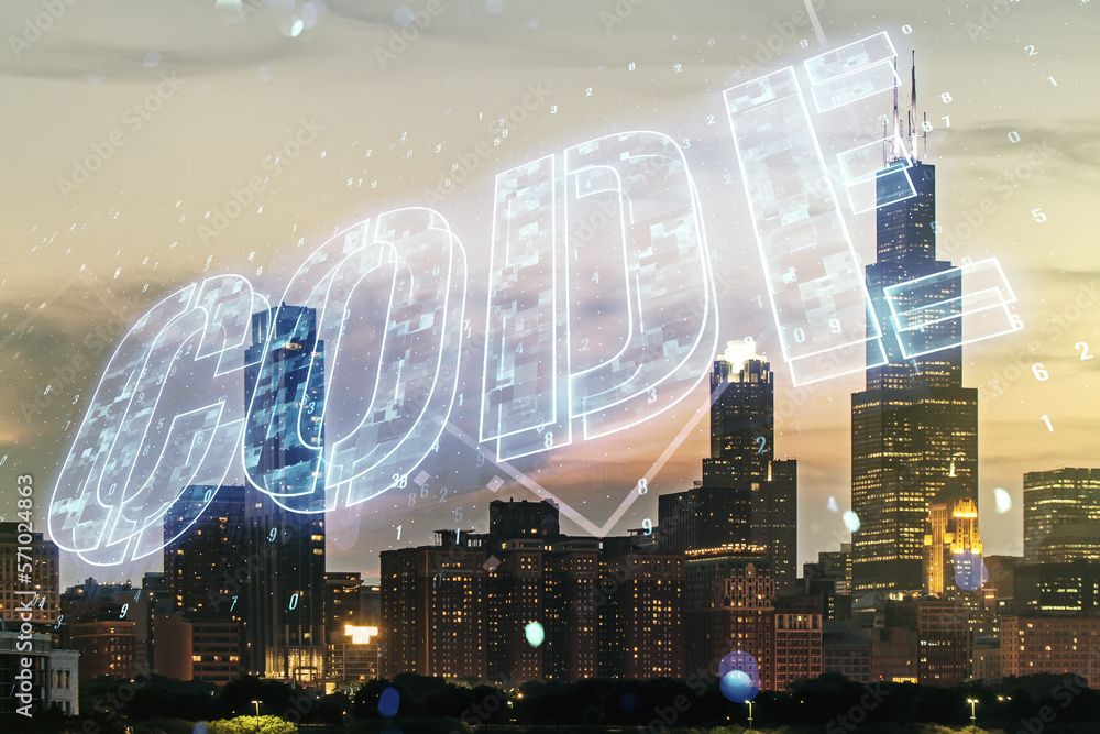 Poster code word hologram on chicago skyscrapers background, artificial intelligence and neural networks co