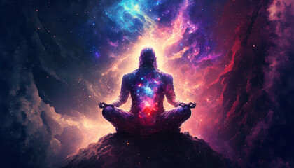Hombre meditando con la energía del universo, creado con IA generativa