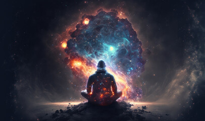 Fototapeta na wymiar Hombre meditando con la energía del universo, creado con IA generativa
