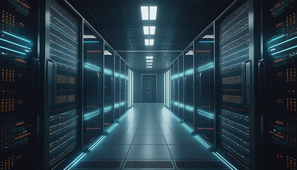 Corridor full of servers in data center. generative ai