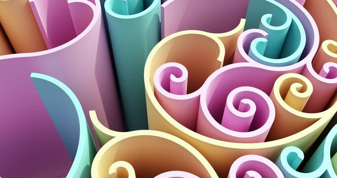 Perfect endless loop. Catchy, dynamic growing spirals. Spectacular nice smooth rounded, cheerful festive confectionery, pastel color background.