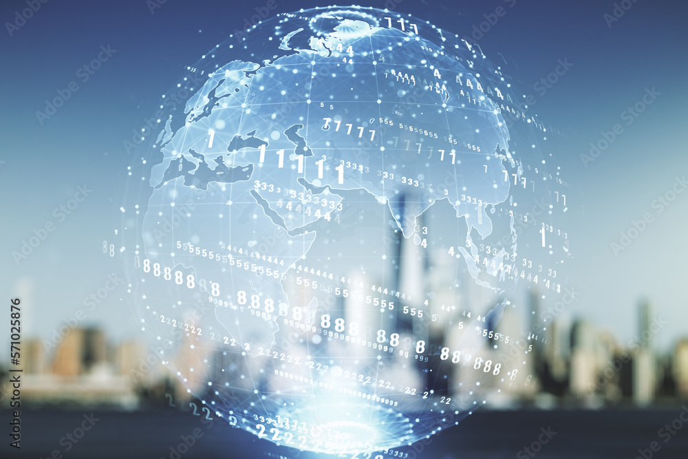 Poster multi exposure of abstract creative coding sketch and world map on blurry skyline background, artifi