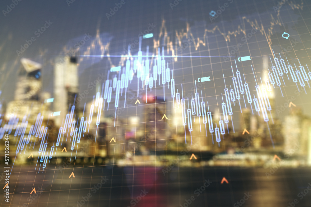 Poster multi exposure of virtual abstract financial chart hologram and world map on blurry cityscape backgr