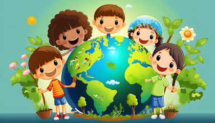 Joyful Children Celebrate Earth Day with a Smile Around the Planet in this Generative AI Illustration
