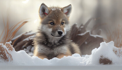 Cute wolf baby puppy playing in snow outside, cute puppy wolf portrait with nice eyes, generative ai