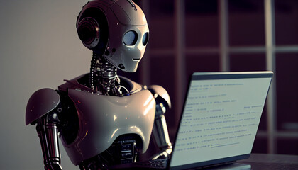  ai robot answering questions on a laptop, generative ai