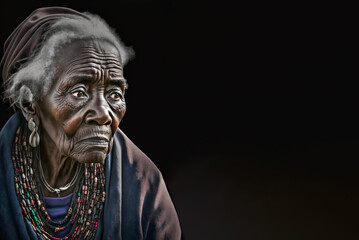 Portrait of an old person with wrinkles, older senior elderly black woman with sad eyes.  Image created with generative ai