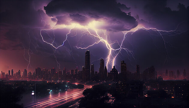 Lightening storm over city with lightnings from dark clouds in background, generative ai
