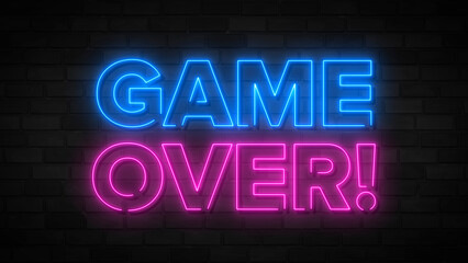 Game over neon text with a brick wall background. Design template, modern trend design night neon signboard, night bright. Advertising light banner. Light art.