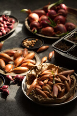 A various varieties of onions in the sun's rays
