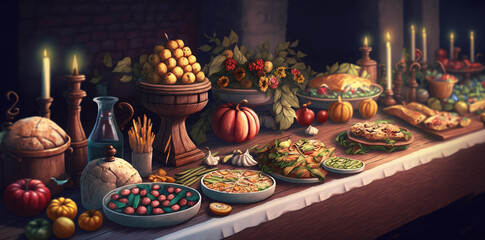 A table topped with lots of food, buffet table 