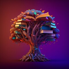 a tree made out of brains with books cogs and knowledge, books, pages, colourful, generative, AI