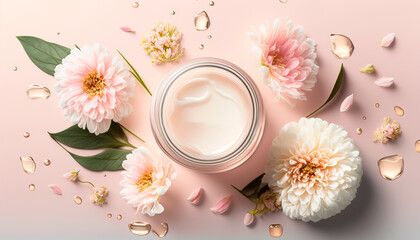 Obraz na płótnie Canvas Jar of organic cream with pink flowers around on a light pink background. Flat lay, top view, copy space. Natural organic product, beauty and spa, generative ai