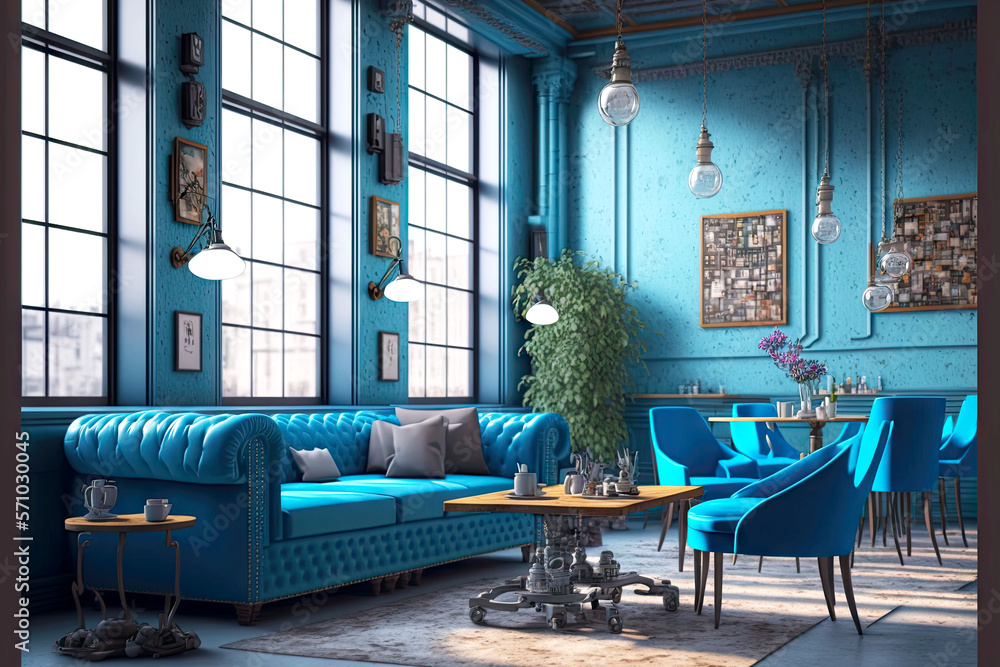 Canvas Prints large empty loft cafe with bright blue sofa and decorations on walls, generative ai