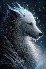 White wolf dragon and snowfall, Generative AI